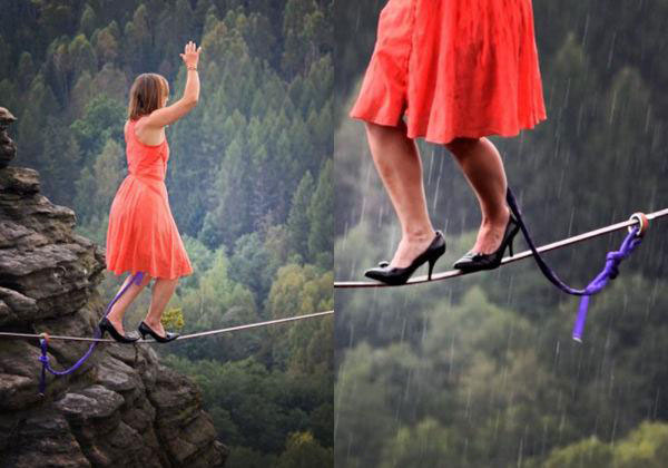 美国25岁女子挑战穿高跟鞋走钢索 勇气真是无人能敌