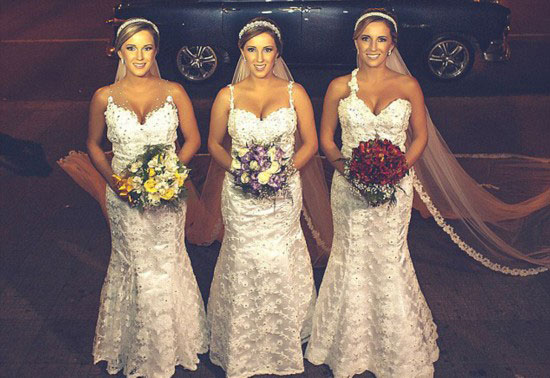 巴西三胞胎姐妹举行集体婚礼 新郎们也难分辨新娘